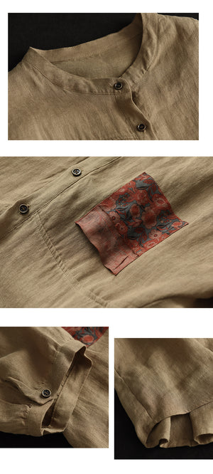 Áo sơ mi linen ngắn tay cổ tròn một túi hoa lá - NU8812