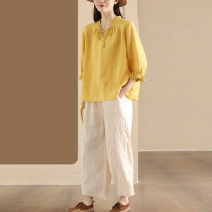 Áo sơ mi linen tay lửng cổ V cột dây - A715