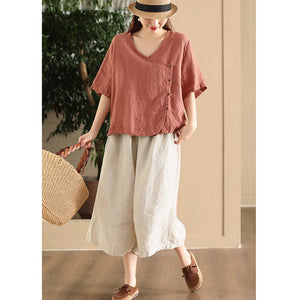 Áo sơ mi linen ngắn tay cổ V vạt lệch - NU9060