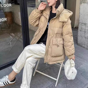 Áo khoác lông vũ dài tay cổ đứng mũ chùm đầu eo dây rút - A337