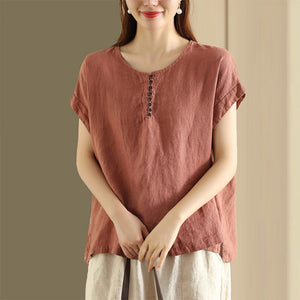 Áo T-shirt linen sát nách cổ tròn khuy cài form rộng - NU9052