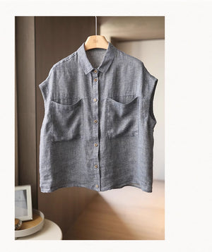 Áo sơ mi linen sát nách cổ đức hai túi kẻ caro - NU8979