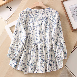 Áo sơ mi tay lửng cổ tròn xếp ly in hoa liti - NU8830