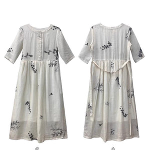Đầm liền linen ngắn tay cổ tròn khuy cài in lá đơn sắc - NU9015