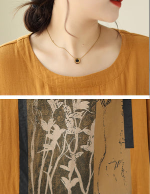 Áo T-shirt linen ngắn tay cổ tròn form rộng in hoa lá - NU8898