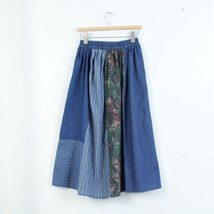 Chân váy linen lưng thun thêu chắp vá kẻ sọc - NU10098