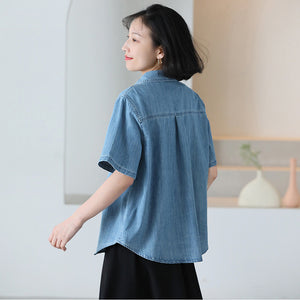 Áo sơ mi denim ngắn tay cổ đức hai túi - NU10069