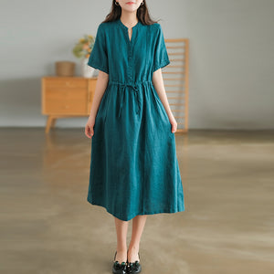 Đầm liền linen ngắn tay cổ V xếp ly đối xứng - NU8686