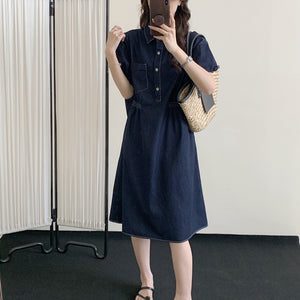 Đầm liền denim ngắn tay cổ đức chiết eo - NU10338