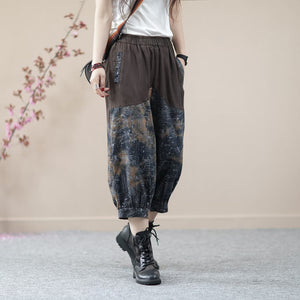 Quần baggy lửng denim lưng thun dây rút in hoa văn - NU8674