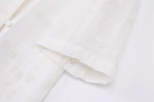 Đầm liền linen retro ngắn tay cổ đứng thêu hoa văn vạt lệch - NU9049