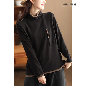 Áo T-shirt dài tay cổ lọ phối màu đơn sắc một túi - NU9381