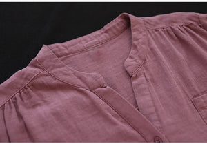 Áo sơ mi linen ngắn tay cổ đứng xẻ V một túi - NU8936