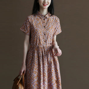 Đầm liền linen ngắn tay cổ đức in hoa liti túi chéo khuy cài - NU10032
