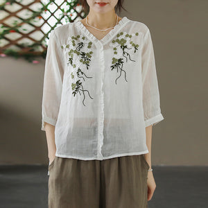 Áo sơ mi linen ngắn tay cổ V thêu hoa lá trước ngực - A006