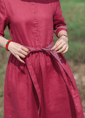 Đầm liền linen dài tay cổ tròn viền in hoa retro - NU9547