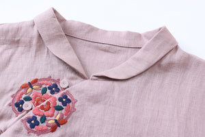 Đầm liền linen ngắn tay cổ tròn cánh sen thêu retro - NU9901