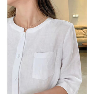 Áo sơ mi linen ngắn tay cổ tròn một túi retro - NU9980