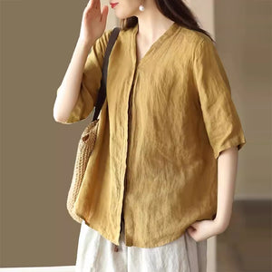Áo sơ mi linen đơn sắc ngắn tay cổ V kiểu giấu khuy - NU8961
