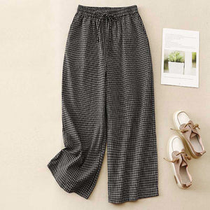 Quần baggy linen lưng thun kẻ caro ống rộng - NU9869