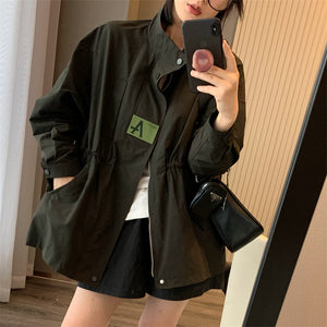 Áo khoác retro dài tay cổ đứng eo dây rút form dài chữ A - NU9634