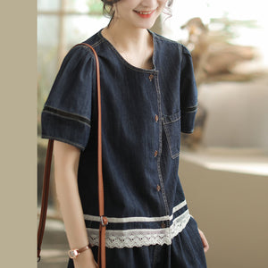 Bộ đồ denim gồm áo sơ mi ngắn tay và quần sooc phối ren - B019