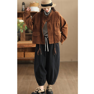 Áo khoác nhung retro dài tay cổ đứng dây rút - NU9557