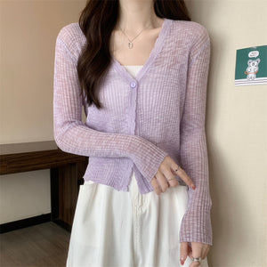 Áo khoác cardigan len dệt kim dài tay cổ V vạt lượn sóng - NU9120
