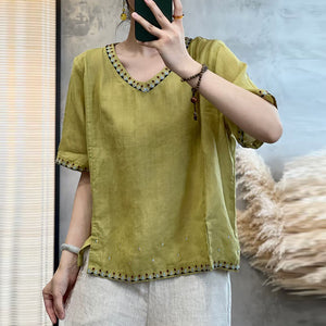 Áo T-shirt linen ngắn tay cổ V thêu bo viền - NU10071