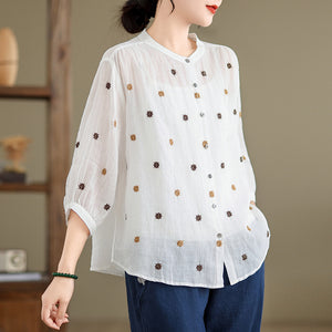 Áo sơ mi linen tay lửng cổ đứng thêu chấm sao - NU10093