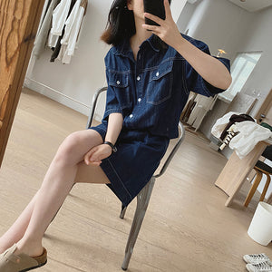 Bộ đồ denim gồm quần sooc và áo sơ mi ngắn tay cổ đức - NU8682