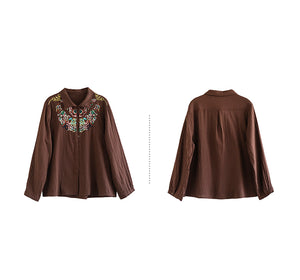 Áo sơ mi linen dài tay cổ đức thêu hoa văn retro - NU9739
