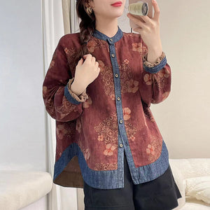 Áo sơ mi dài tay cổ đứng in hoa lá retro phối denim - NU9646