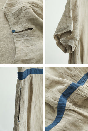 Đầm liền linen ngắn tay cổ tròn eo phối dải màu - NU9913