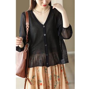 Áo khoác linen cardigan dệt kim dài tay cổ V - NU8837