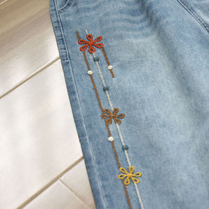 Quần baggy denim lửng lưng thun ống đứng thêu hoa mùa xuân - Q254