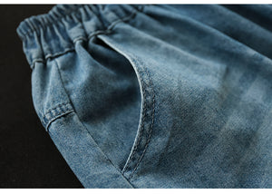Quần baggy lửng denim lưng thun vá hình ảnh retro - NU8829