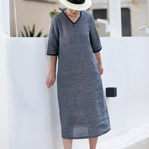 Đầm liền linen ngắn tay cổ V kẻ caro eo thắt dây - NU8786