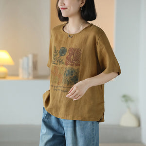Áo T-shirt linen ngắn tay cổ tròn in hoa lá và chim retro - NU10357