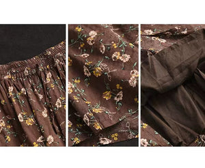 Chân váy linen retro lưng thun in hoa lá li ti hai lớp - V110