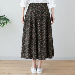 Chân váy linen retro lưng thun túi chéo in hoa liti - V012