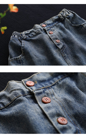 Chân váy denim lưng thun ba khuy cài thêu hoa lá - V007