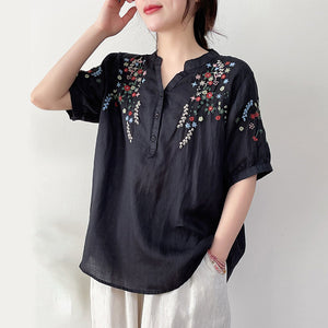 Áo sơ mi linen ngắn tay cổ V thêu hoa lá đối xứng - NU10157