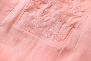 Đầm liền linen ngắn tay cổ V thêu hoa văn retro trước ngực - NU9902