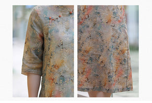 Đầm liền linen ngắn tay cổ tàu in hoa lá liti - NU10510