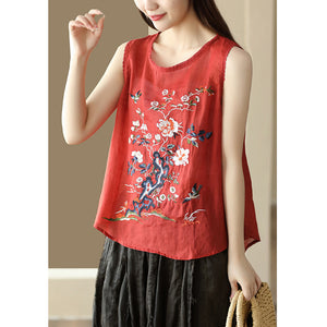 Áo T-shirt linen sát nách cổ tròn thêu tranh - NU8700