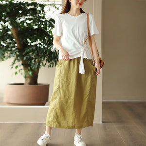 Chân váy linen retro hai túi đính khuy lưng thun - NU9000