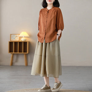 Áo sơ mi linen ngắn tay cổ tròn form rộng vạt mullet - NU8825