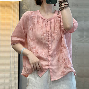 Áo sơ mi linen ngắn cổ tròn xếp ly thêu hoa lá - NU9773