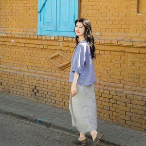 Áo sơ mi linen ngắn tay cổ tròn xếp ly - NU9978